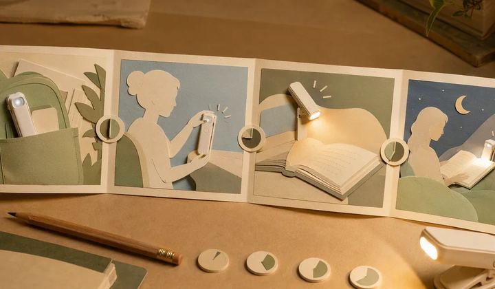 A paper storyboard maps a book-light demonstration across several rough scenes.