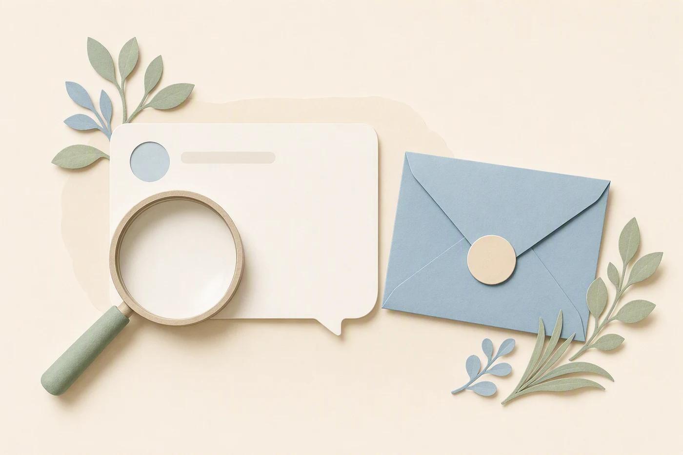 A magnifying lens examines a visible card while a sealed envelope stays closed.