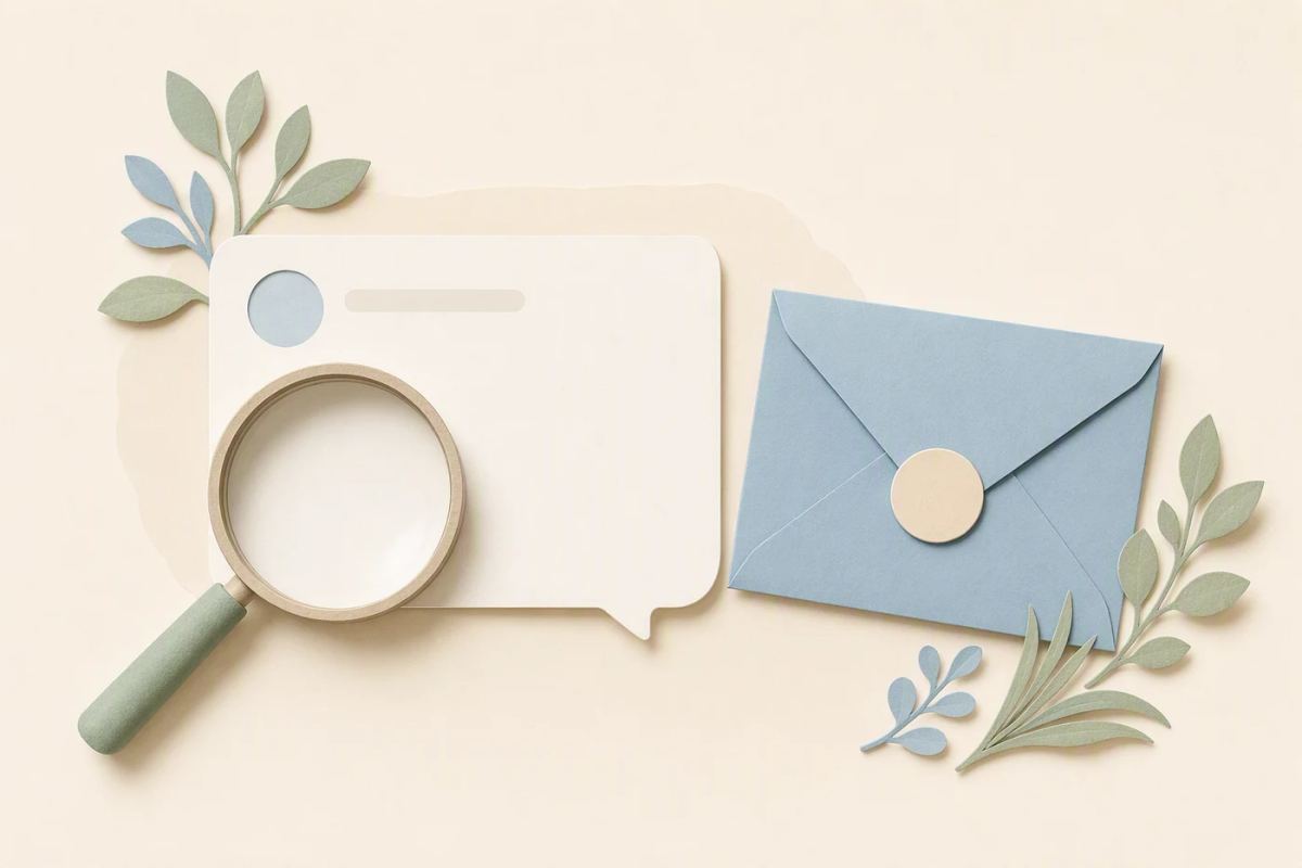 A magnifying lens examines a visible card while a sealed envelope stays closed.