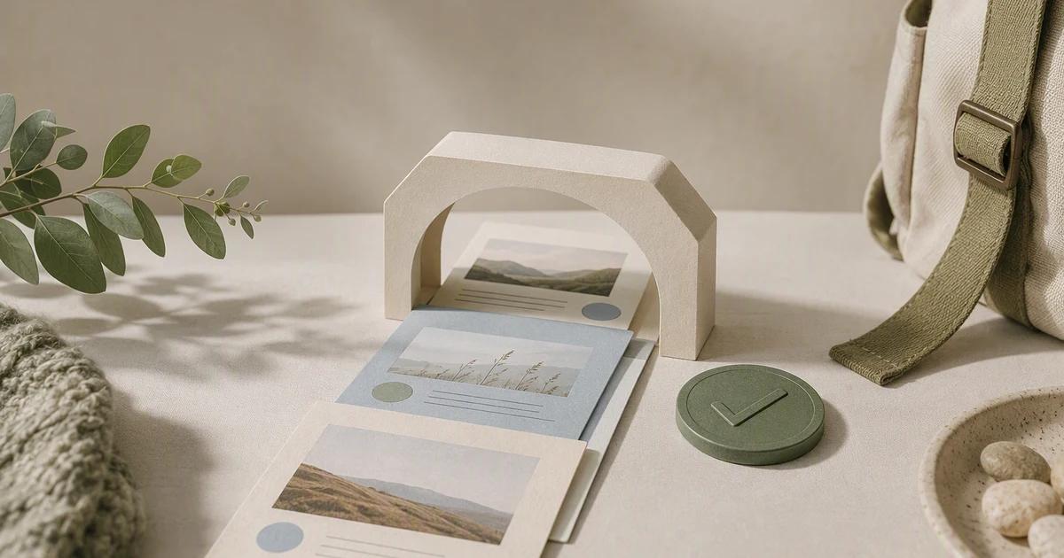 Three sets of paper content cards passing through a simple review gate beside an outdoor backpack detail