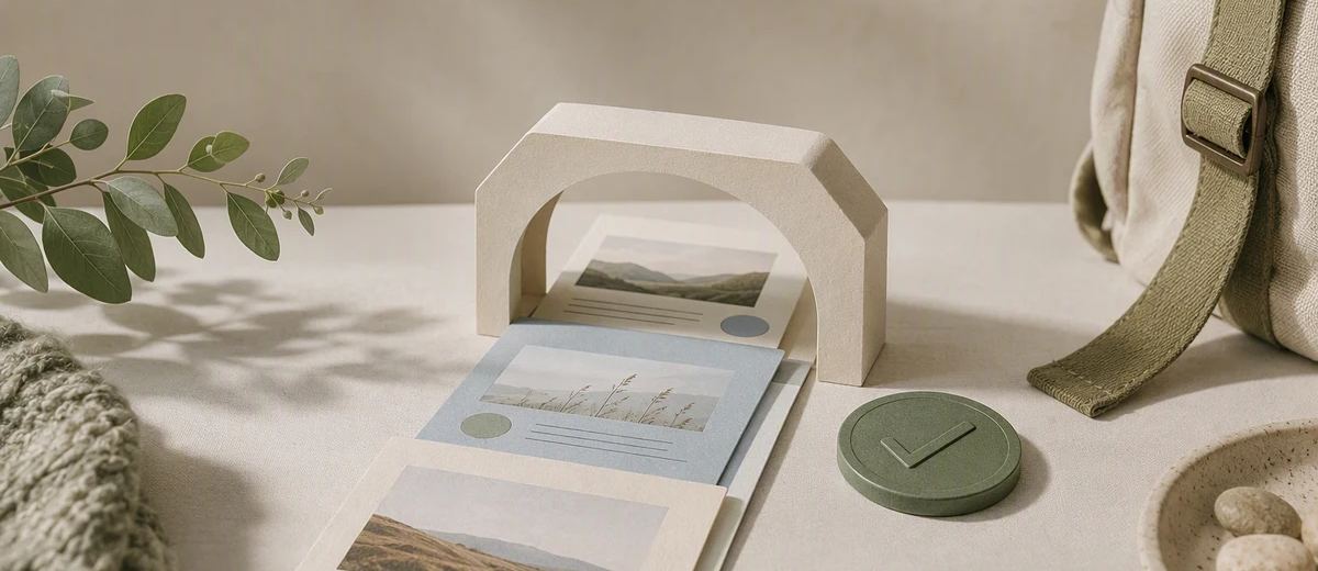 Three sets of paper content cards passing through a simple review gate beside an outdoor backpack detail