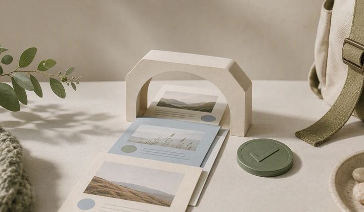 Three sets of paper content cards passing through a simple review gate beside an outdoor backpack detail