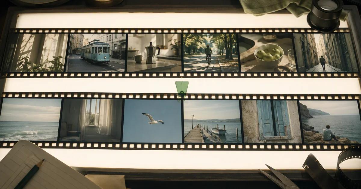 Two film strips on an editing light table with a small green selection marker.