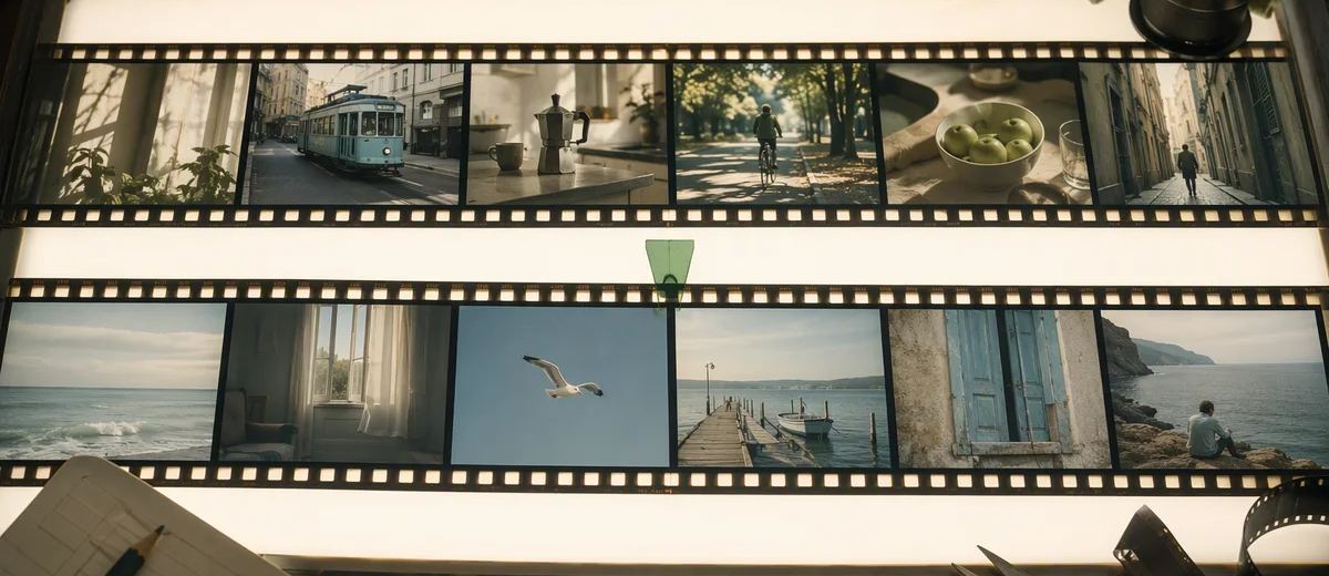 Two film strips on an editing light table with a small green selection marker.