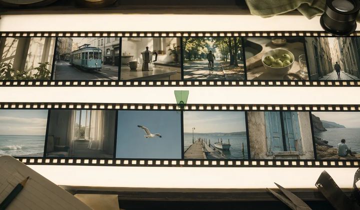 Two film strips on an editing light table with a small green selection marker.