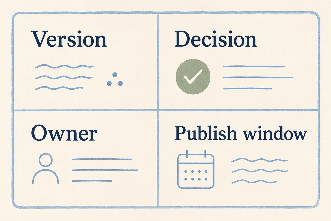 An approval record with version, decision, owner, and publication window clearly separated