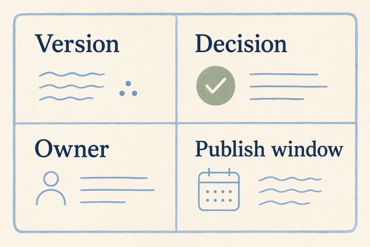 An approval record with version, decision, owner, and publication window clearly separated