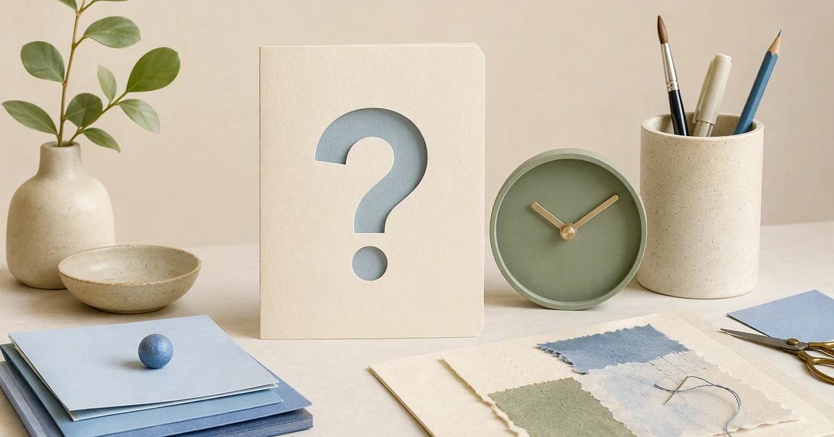 A compact one-person workbench holds a customer-question card, a small content stack, and a simple timepiece.