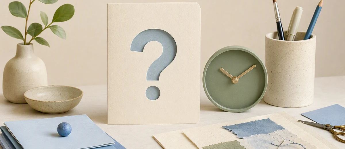 A compact one-person workbench holds a customer-question card, a small content stack, and a simple timepiece.