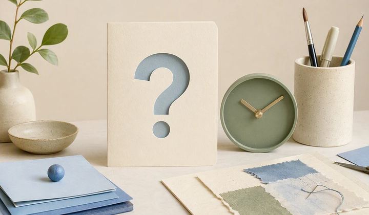A compact one-person workbench holds a customer-question card, a small content stack, and a simple timepiece.