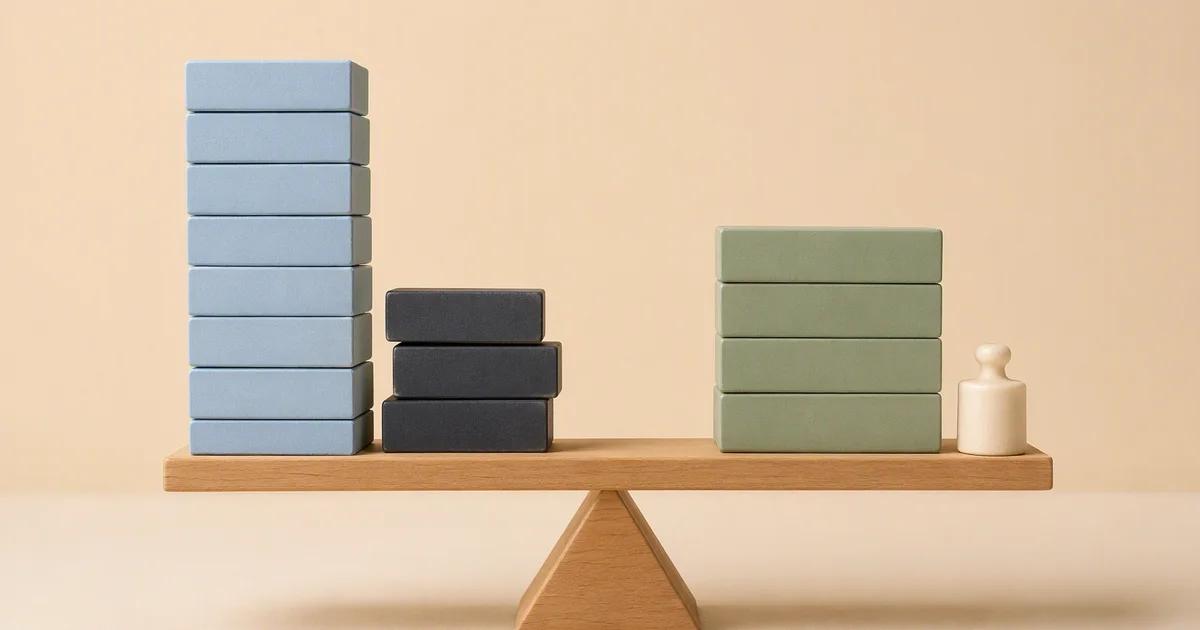 Blue, charcoal and sage blocks sit on a wooden balance board beside a small wooden figure.