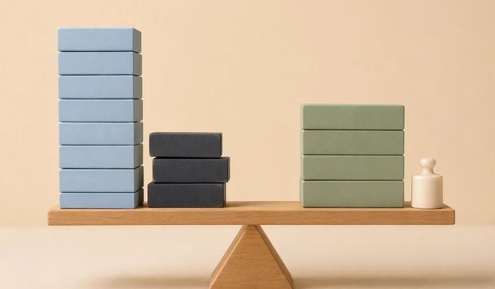 Blue, charcoal and sage blocks sit on a wooden balance board beside a small wooden figure.