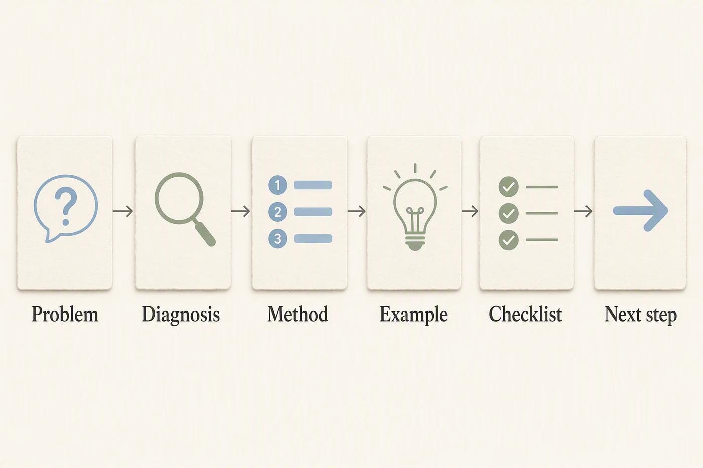 Six-page document outline moves from problem to diagnosis, method, example, checklist, and next step.