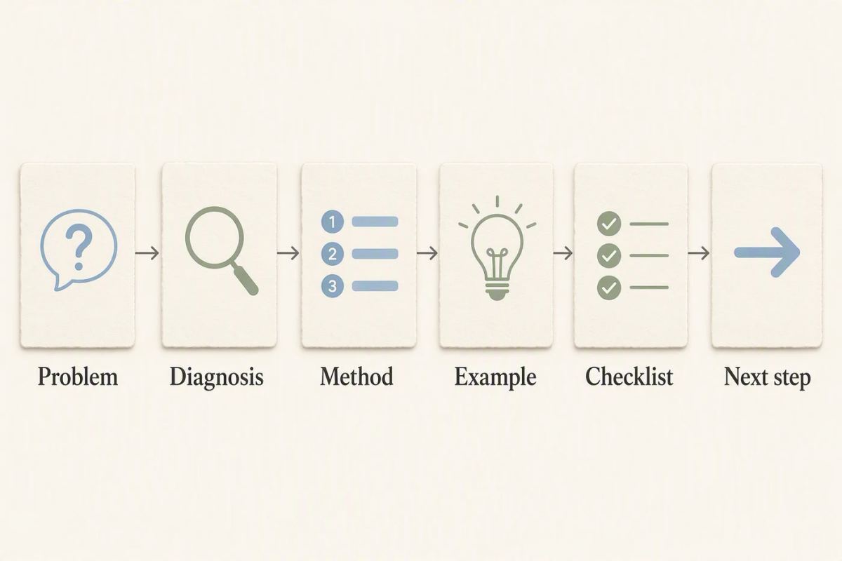 Six-page document outline moves from problem to diagnosis, method, example, checklist, and next step.