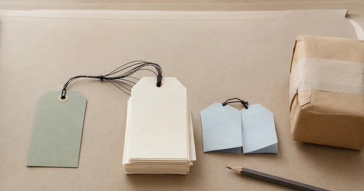 Blank cream, sage and pale blue tags lie beside a wrapped parcel and pencils.