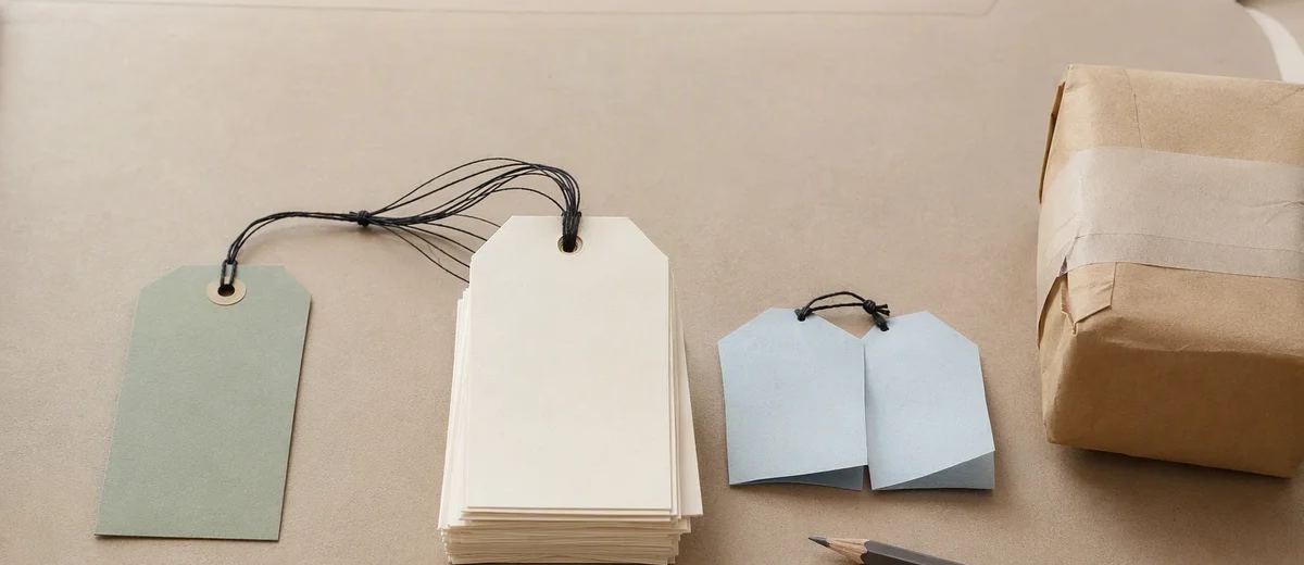 Blank cream, sage and pale blue tags lie beside a wrapped parcel and pencils.