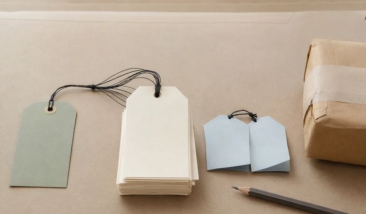 Blank cream, sage and pale blue tags lie beside a wrapped parcel and pencils.