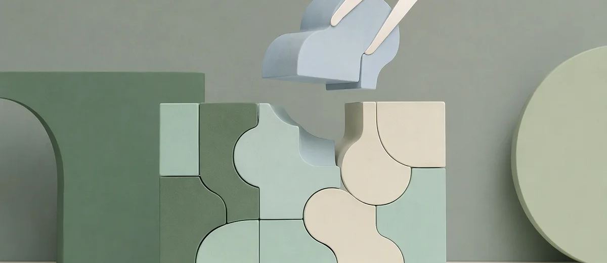 A precise mint modular sculpture has one pale blue segment lifted out with an elegant brass-free ivory clamp.