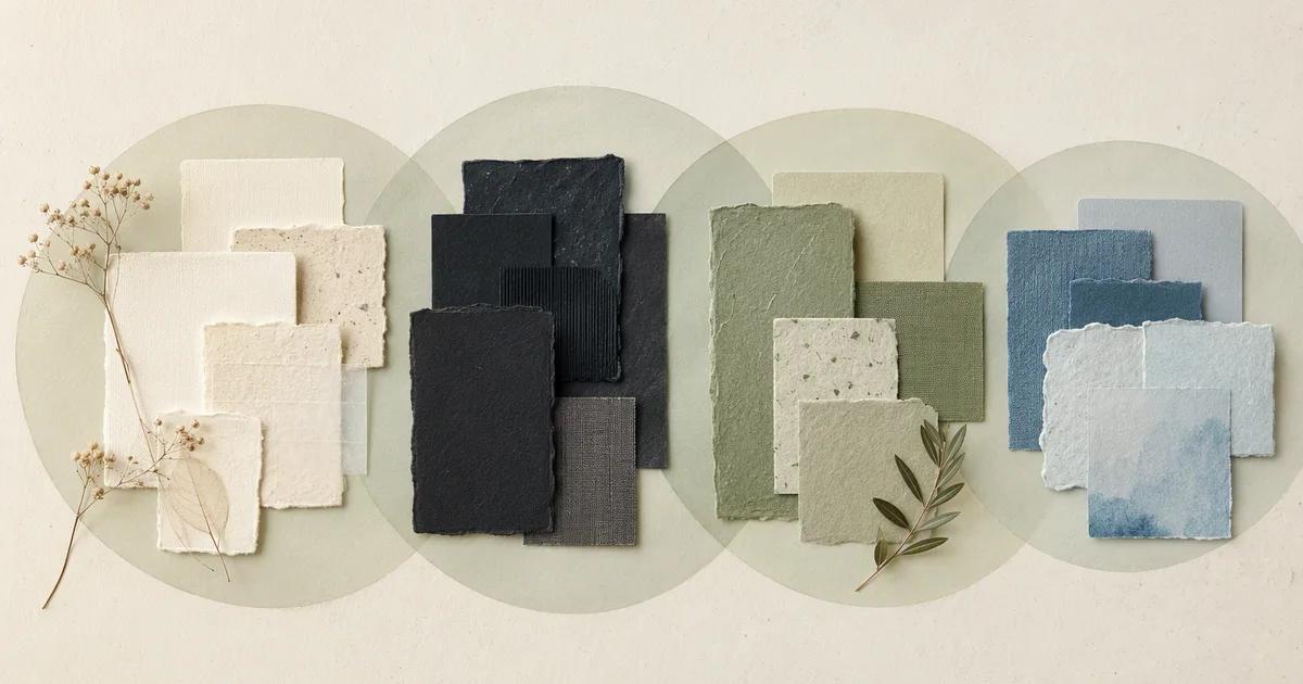 Overlapping translucent circles grouping textured paper cards by color and material.