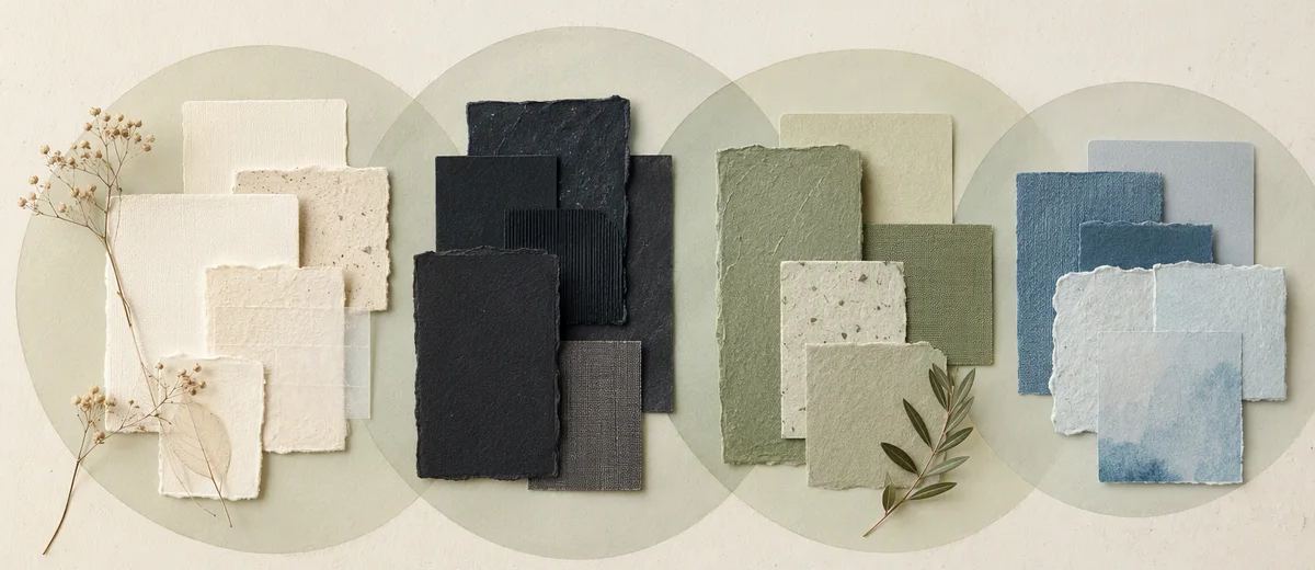 Overlapping translucent circles grouping textured paper cards by color and material.