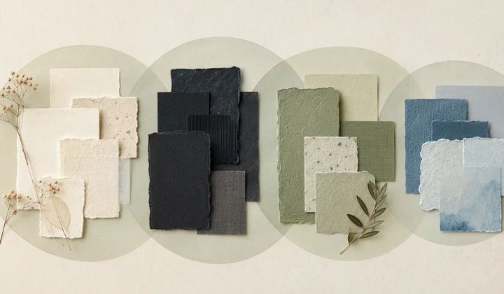 Overlapping translucent circles grouping textured paper cards by color and material.