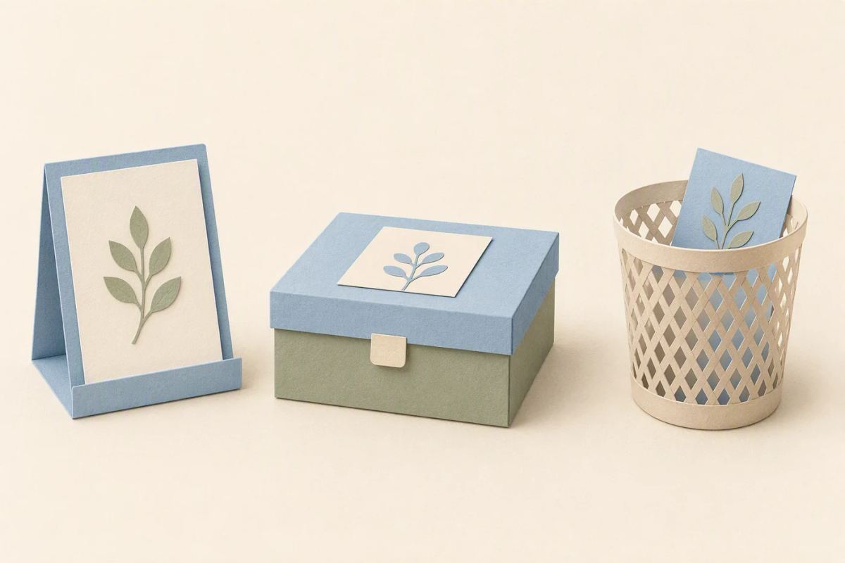 Three distinct paper containers hold a visible card, a stored card, and a discarded card.