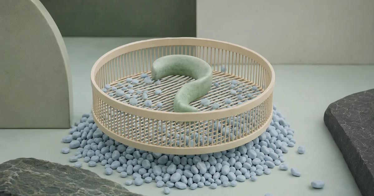 A round ivory sieve holds a large mint curved form above a pile of small pale blue pebbles.