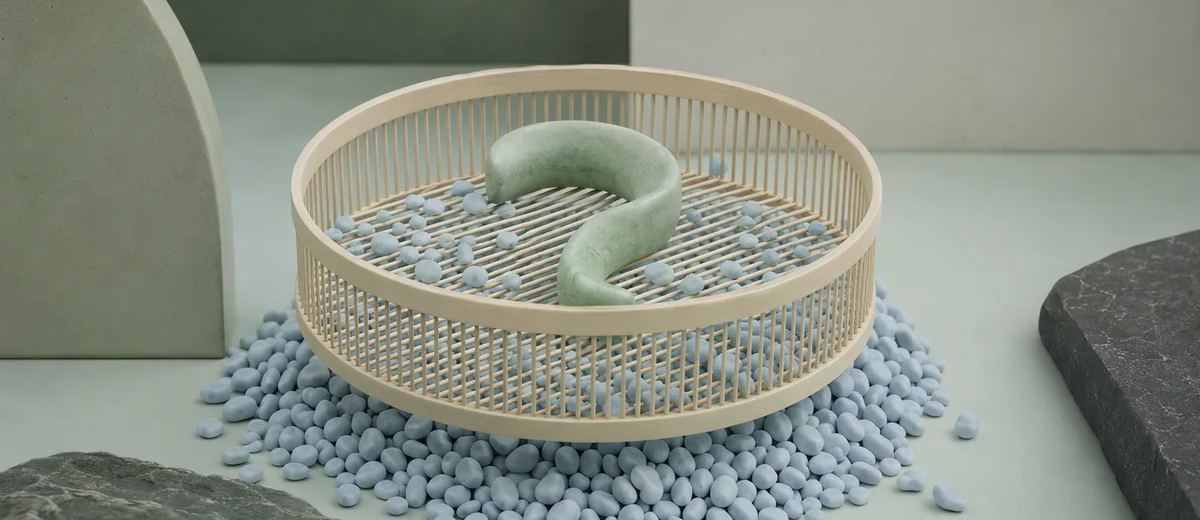 A round ivory sieve holds a large mint curved form above a pile of small pale blue pebbles.