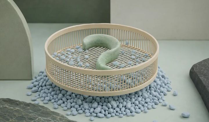 A round ivory sieve holds a large mint curved form above a pile of small pale blue pebbles.