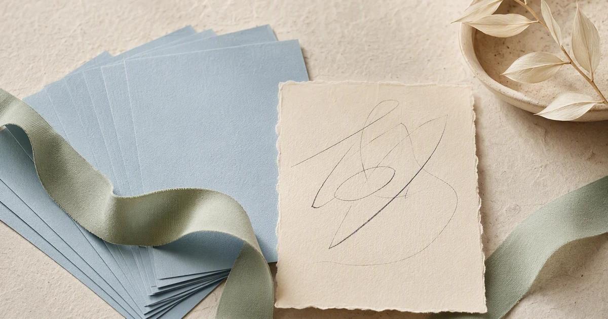 A small caption note sits beside a larger stack of visual story cards, connected by a paper ribbon.