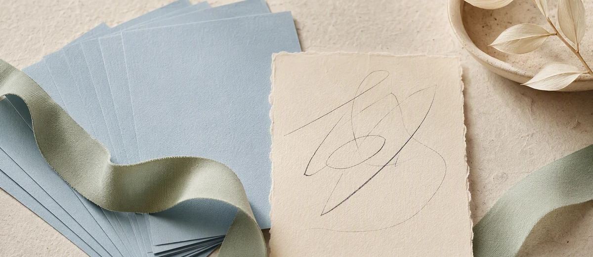 A small caption note sits beside a larger stack of visual story cards, connected by a paper ribbon.