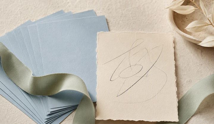 A small caption note sits beside a larger stack of visual story cards, connected by a paper ribbon.