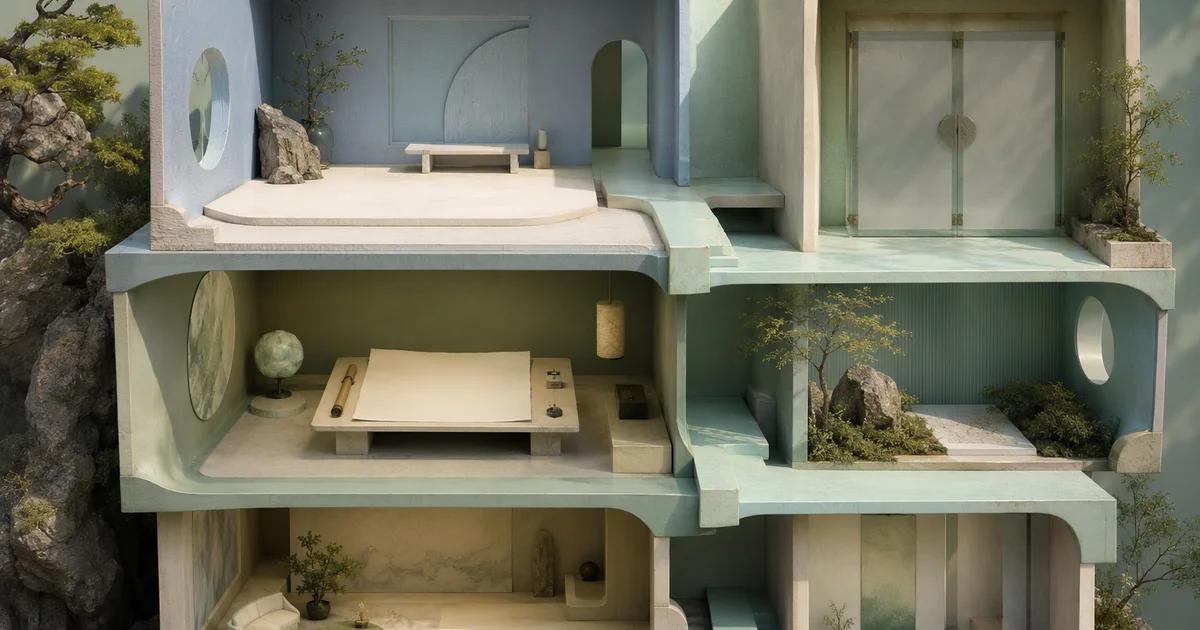 Layered rooms and a review gate illustrating the path of a workspace request.