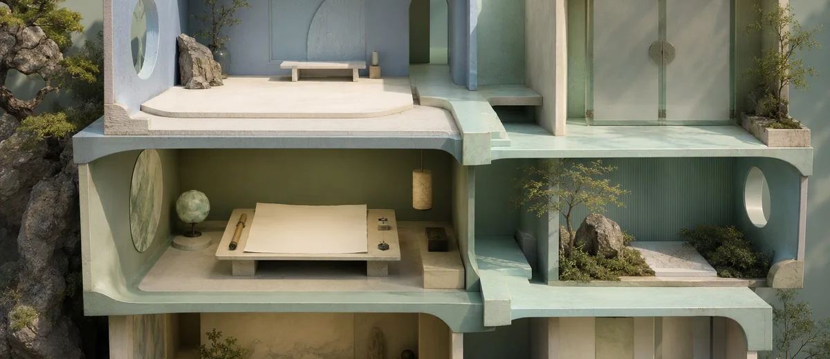 Layered rooms and a review gate illustrating the path of a workspace request.