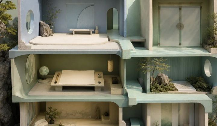 Layered rooms and a review gate illustrating the path of a workspace request.