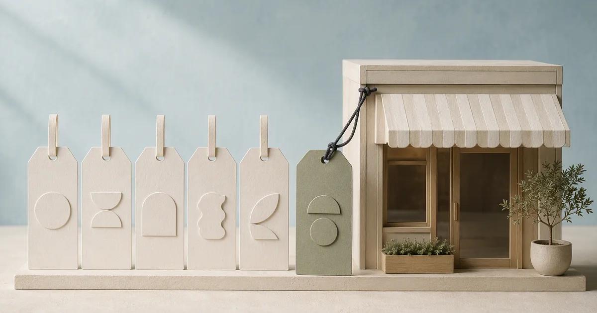 A row of cream tags with abstract symbols sits beside a sage tag tied to a miniature storefront.