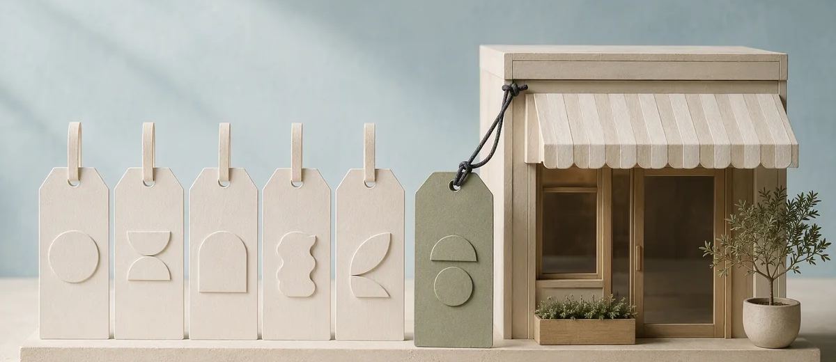 A row of cream tags with abstract symbols sits beside a sage tag tied to a miniature storefront.