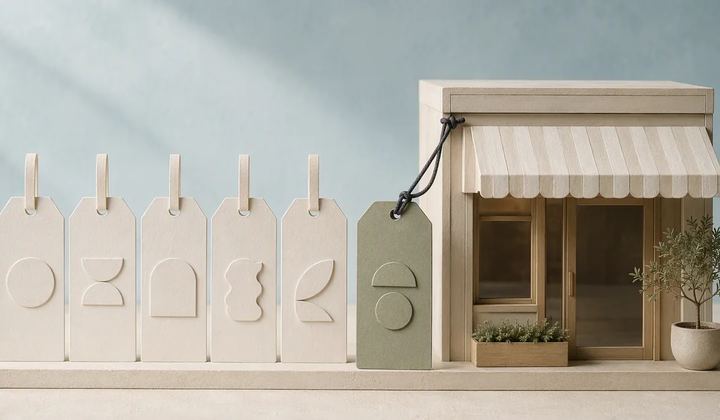 A row of cream tags with abstract symbols sits beside a sage tag tied to a miniature storefront.