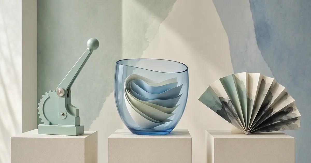 Three distinct sculptural objects representing tools, resources, and prompts.