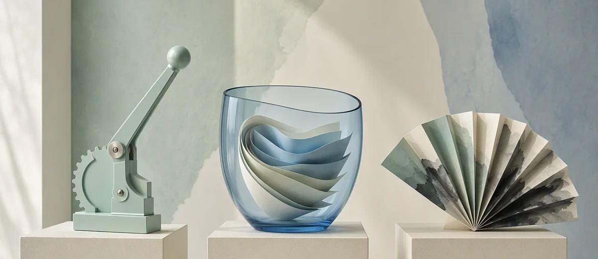 Three distinct sculptural objects representing tools, resources, and prompts.