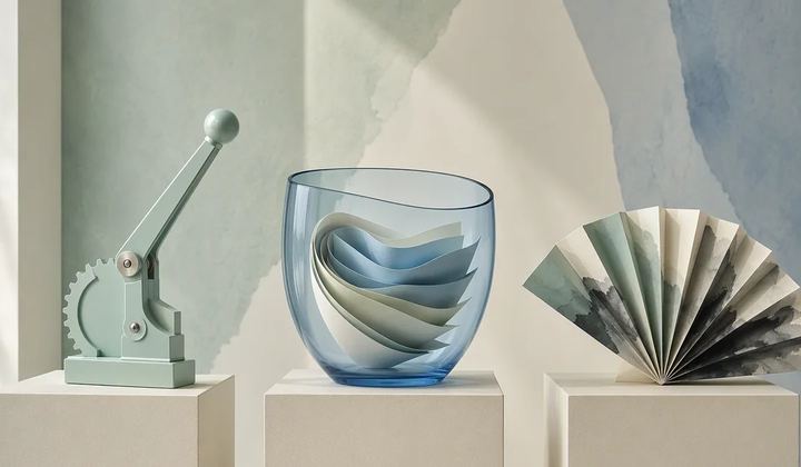 Three distinct sculptural objects representing tools, resources, and prompts.