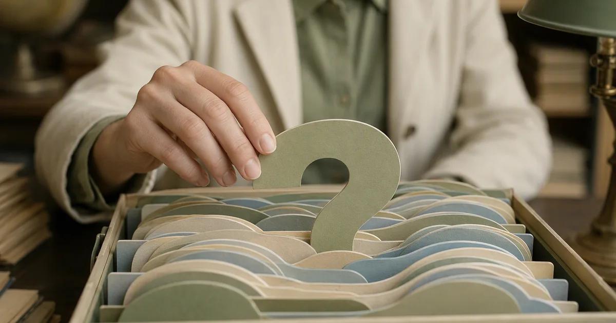 A researcher selecting a sage index card from a layered archive.