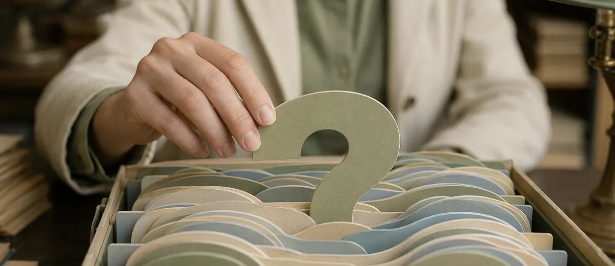 A researcher selecting a sage index card from a layered archive.