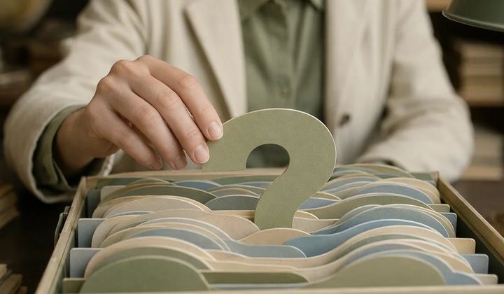 A researcher selecting a sage index card from a layered archive.