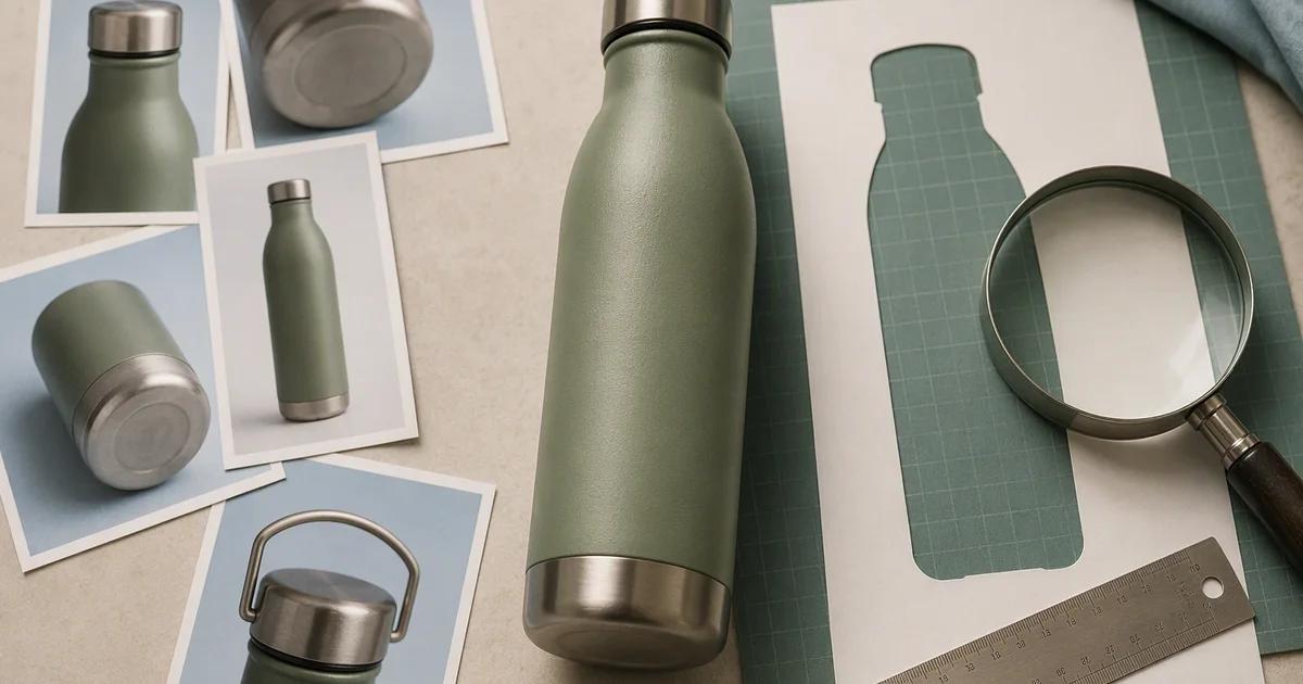 An insulated bottle is compared with reference photos and measuring tools.
