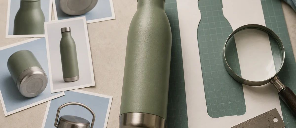 An insulated bottle is compared with reference photos and measuring tools.