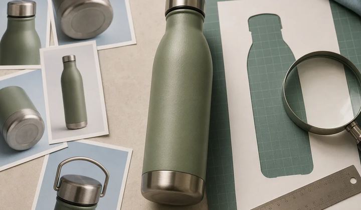 An insulated bottle is compared with reference photos and measuring tools.