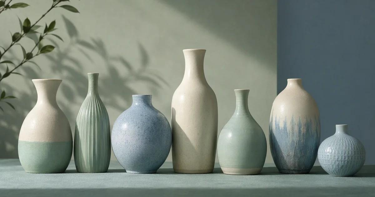 A curated row of distinct mint, ivory and blue ceramic vessels casting different shadows, suggesting a family resemblance without identical forms