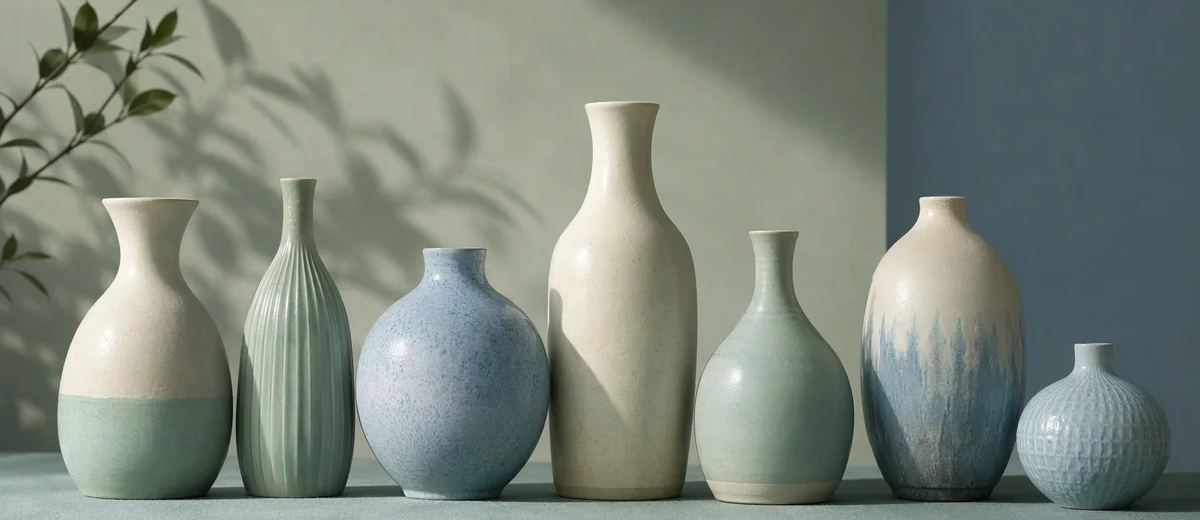 A curated row of distinct mint, ivory and blue ceramic vessels casting different shadows, suggesting a family resemblance without identical forms