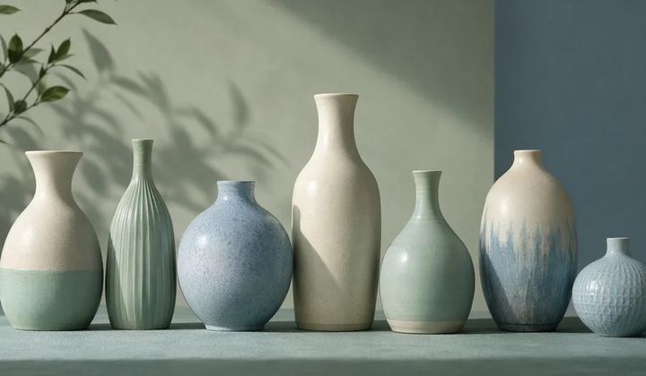 A curated row of distinct mint, ivory and blue ceramic vessels casting different shadows, suggesting a family resemblance without identical forms